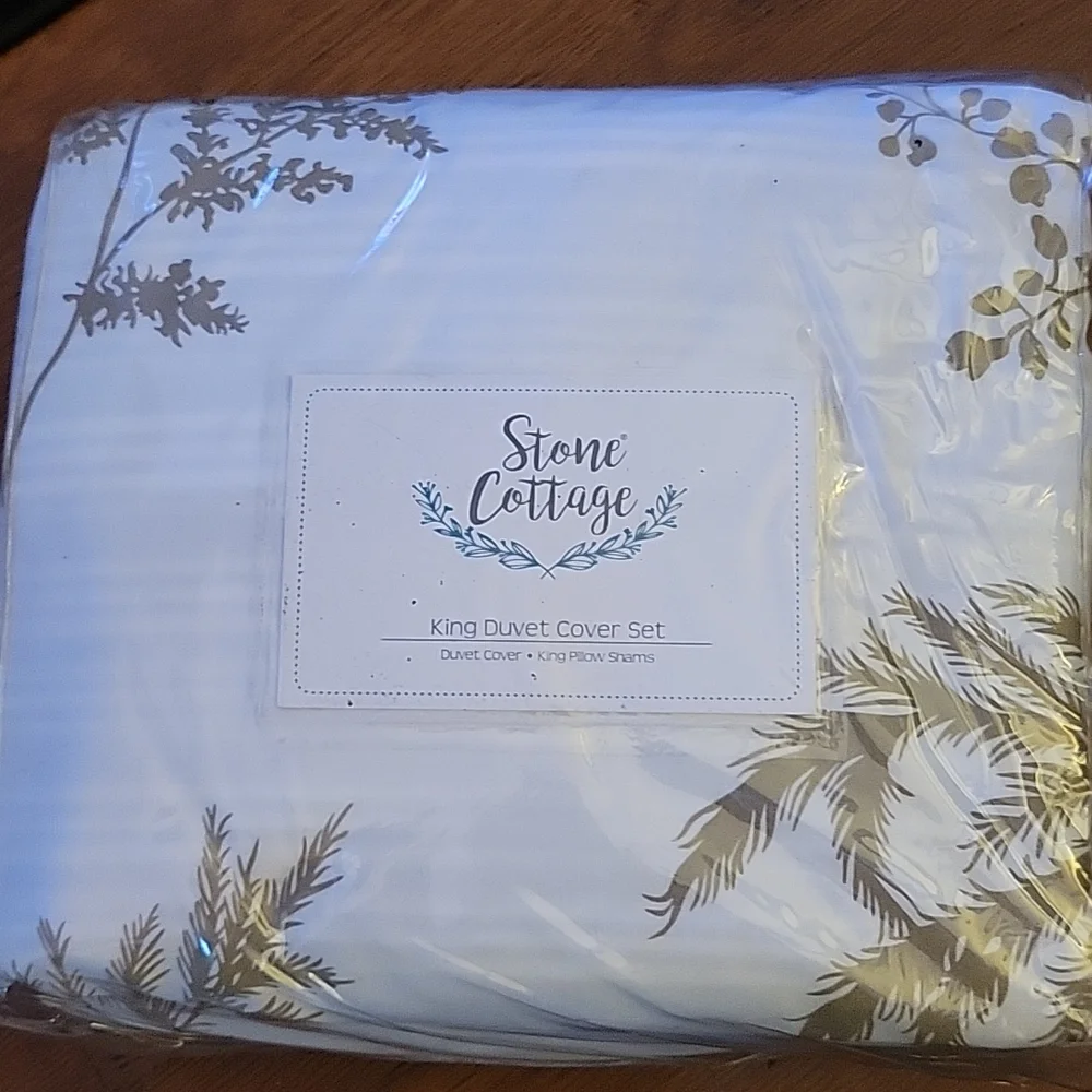 Stone Cottage 3 piece King Willow Duvet cover set White Tan Floral cotton New…